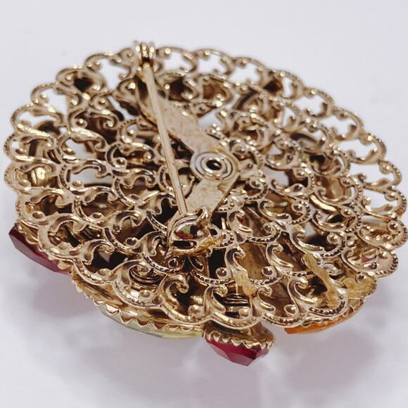 VTG 50s Mid Century Glass Floral Gold Tone Layered Rhinestone Brooch Red Orange - Picture 9 of 12